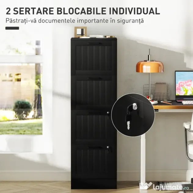 HOMCOM Comodă pentru Documente cu 4 Sertare, Șină Reglabilă, 2 Chei și 2 Încuietori, 40x40x131 cm, Negru | Aosom Romania