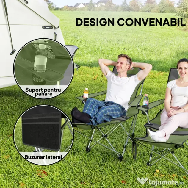 Outsunny Set de 2 Scaune de Camping Pliabile cu Suport pentru Picioare Detașabil, 82x100x88 cm, Negru | Aosom Romania