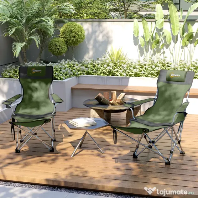 Outsunny Set de 2 Scaune de Camping Pliabile cu Suport pentru Picioare Detașabil, 82x100x88 cm, Negru | Aosom Romania