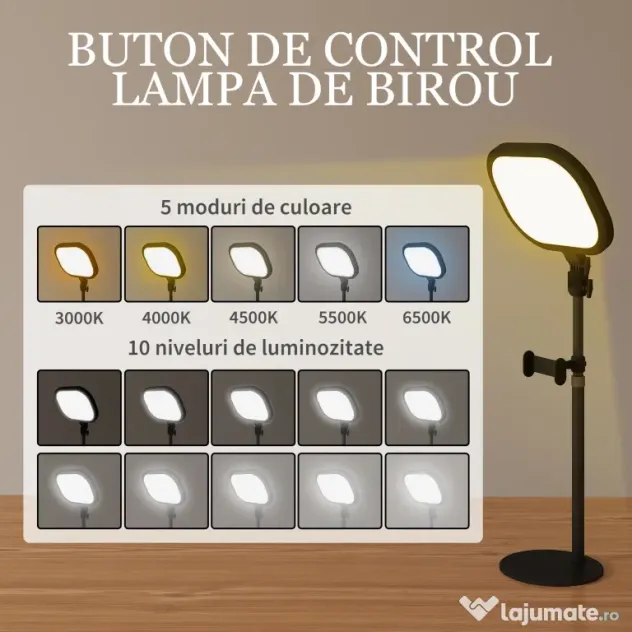 HOMCOM Lampă LED reglabilă: 5 culori, 10 niveluri, memorie – birou/dormitor. | Aosom Romania