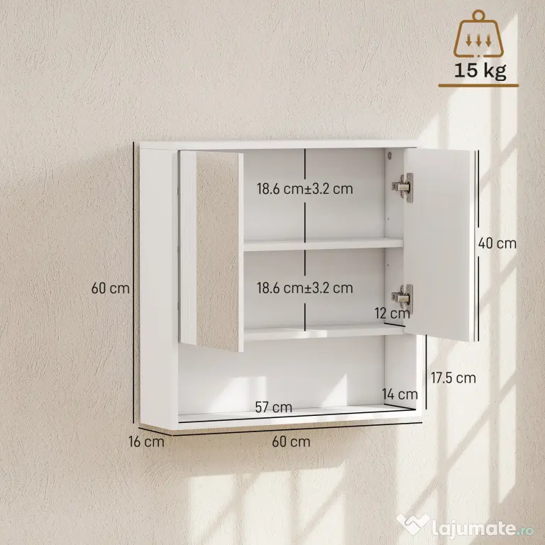 HOMCOM,Dulap de Baie Suspendat, Uși Soft-close, Raft Reglabil,60 x 16 x 60 cm,Alb | Aosom Romania
