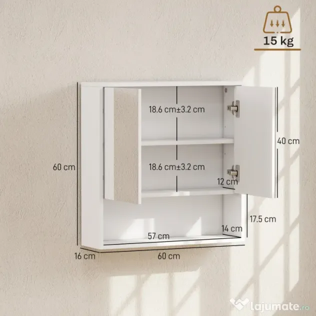 HOMCOM,Dulap de Baie Suspendat, Uși Soft-close, Raft Reglabil,60 x 16 x 60 cm,Alb | Aosom Romania
