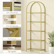 HOMCOM Raft de Depozitare Arcuit cu 5 Nivele din Oțel și Sticlă Securizată, 60x30x175 cm, Auriu | Aosom Romania