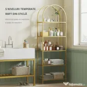 HOMCOM Raft de Depozitare Arcuit cu 5 Nivele din Oțel și Sticlă Securizată, 60x30x175 cm, Auriu | Aosom Romania