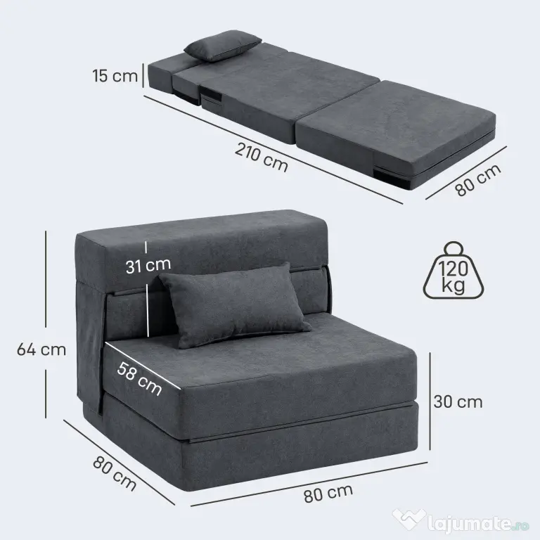 HOMCOM Fotoliu Pat Single Pliabil Modern, Fotoliu de Podea Compact Convertibil în Șezlong și Saltea, Pat pentru Living, Cameră de zi și Birou, 80x80x64 cm, Gri Închis | Aosom Romania