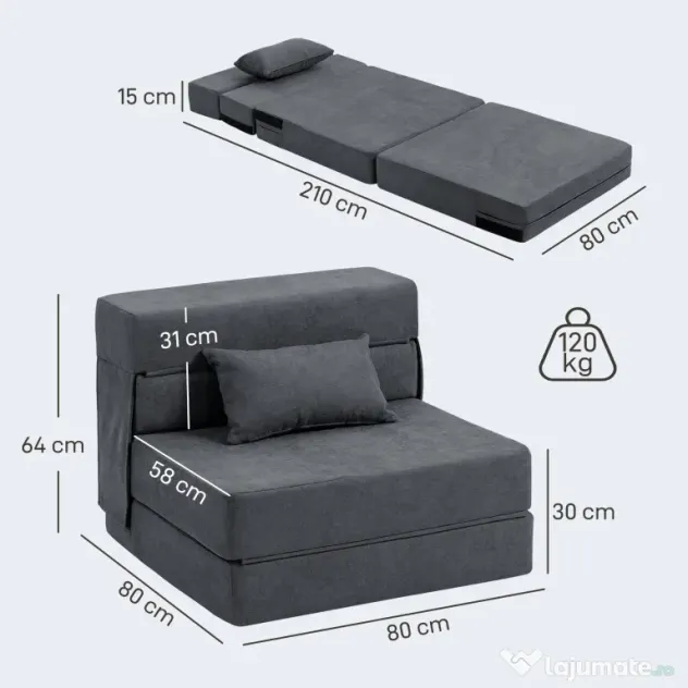 HOMCOM Fotoliu Pat Single Pliabil Modern, Fotoliu de Podea Compact Convertibil în Șezlong și Saltea, Pat pentru Living, Cameră de zi și Birou, 80x80x64 cm, Gri Închis | Aosom Romania