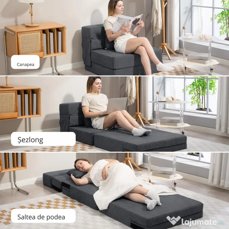 HOMCOM Fotoliu Pat Single Pliabil Modern, Fotoliu de Podea Compact Convertibil în Șezlong și Saltea, Pat pentru Living, Cameră de zi și Birou, 80x80x64 cm, Gri Închis | Aosom Romania
