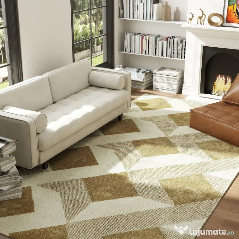 HOMCOM Covor Modern pentru Living și Sufragerie, Hipoalergenic și Lavabil cu Efect 3D, 230x160 cm, Galben