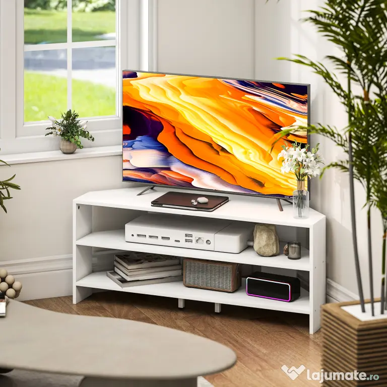 HOMCOM Comodă TV de Colț 47" max cu 2 Rafturi Deschise din Lemn Alb | Aosom Romania