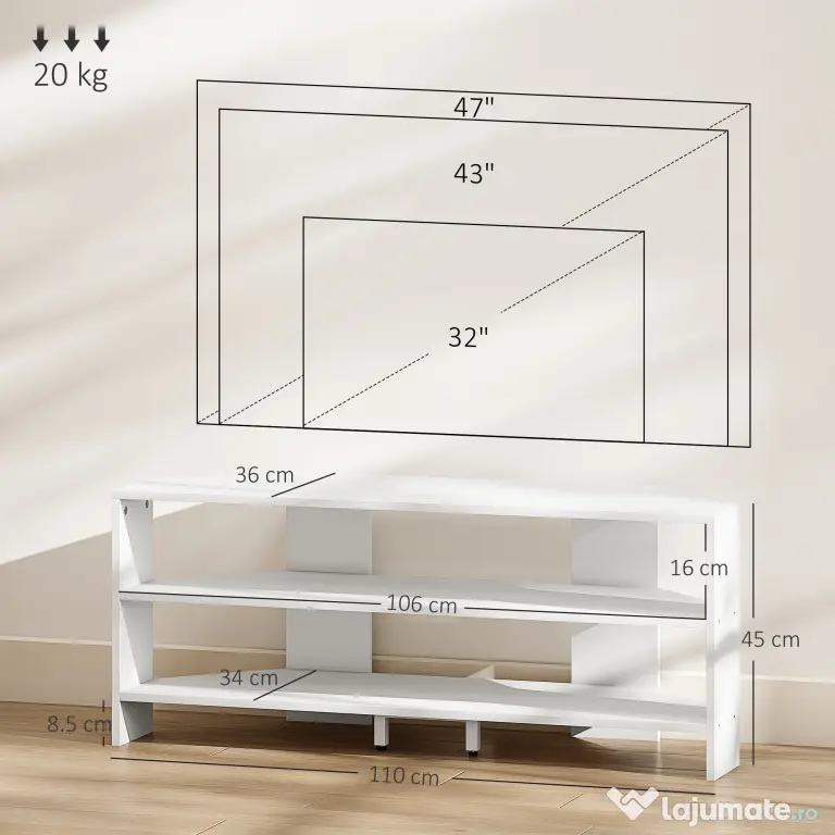 HOMCOM Comodă TV de Colț 47" max cu 2 Rafturi Deschise din Lemn Alb | Aosom Romania