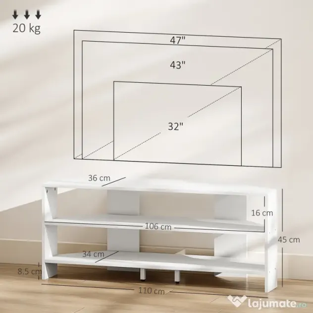 HOMCOM Comodă TV de Colț 47" max cu 2 Rafturi Deschise din Lemn Alb | Aosom Romania