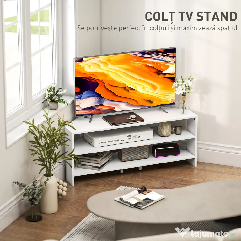 HOMCOM Comodă TV de Colț 47" max cu 2 Rafturi Deschise din Lemn Alb | Aosom Romania
