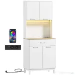 HOMCOM Comodă modernă cu lumini LED, prize electrice și USB, 2 dulapuri și sertar, 71x40x180 cm, alb