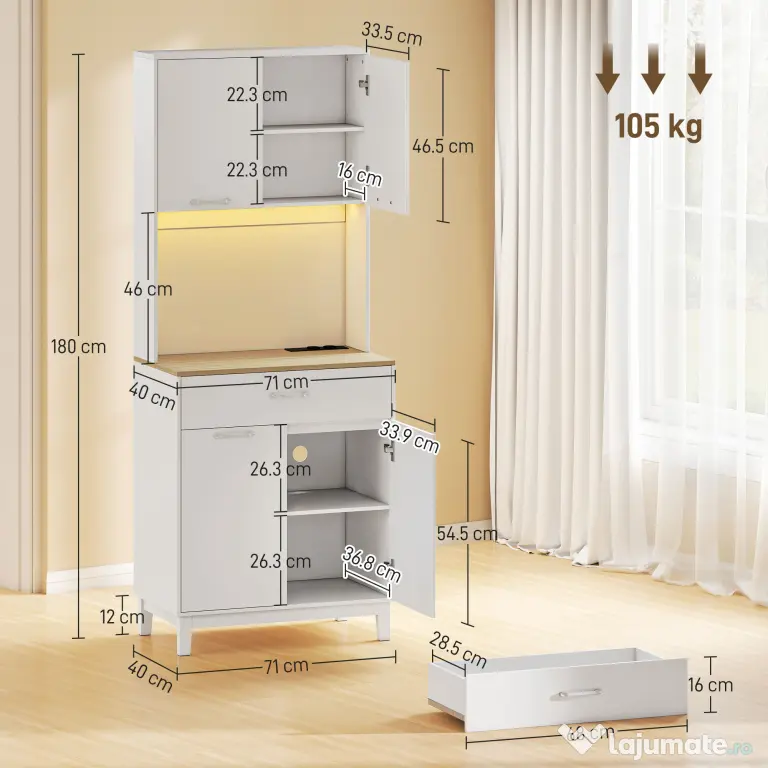 HOMCOM Credență Modernă cu Lumini, Prize USB, 2 Dulapuri și Sertar Alb | Aosom Romania