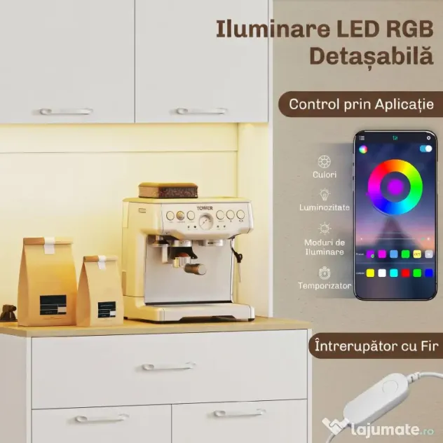 HOMCOM Credență Modernă cu Lumini, Prize USB, 2 Dulapuri și Sertar Alb | Aosom Romania