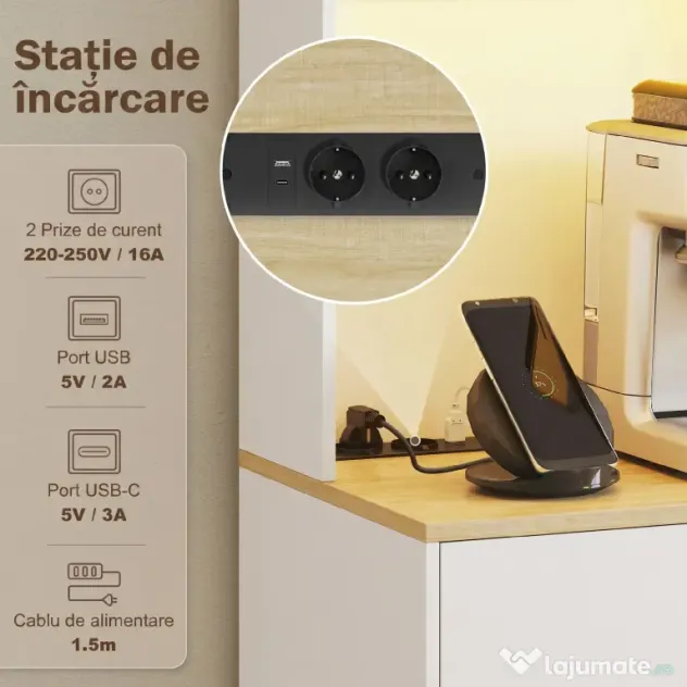 HOMCOM Credență Modernă cu Lumini, Prize USB, 2 Dulapuri și Sertar Alb | Aosom Romania