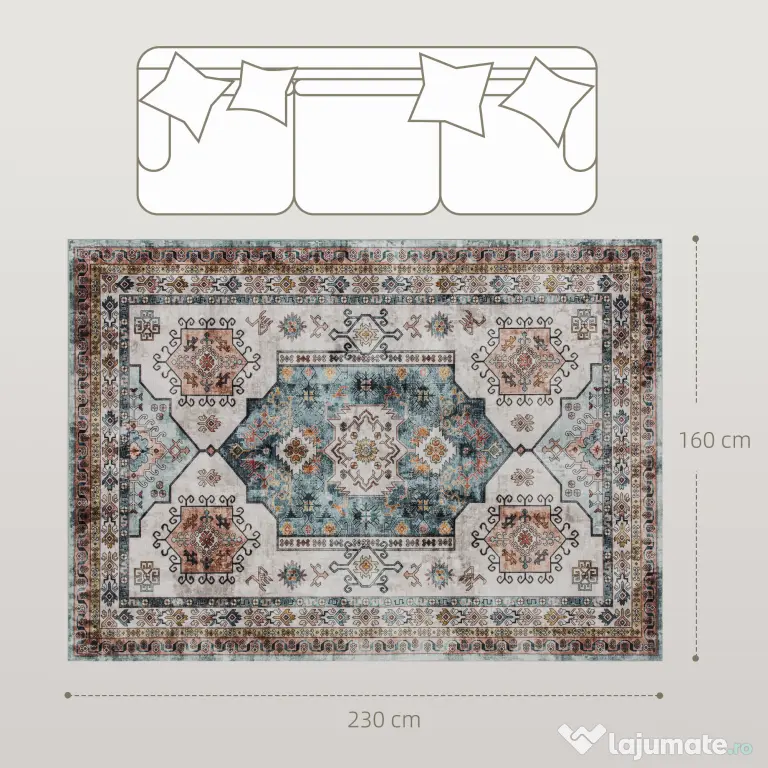 HOMCOM Covor Vintage Antiderapant și Lavabil cu Fir Scurt 230x160cm Multicolor | Aosom Romania