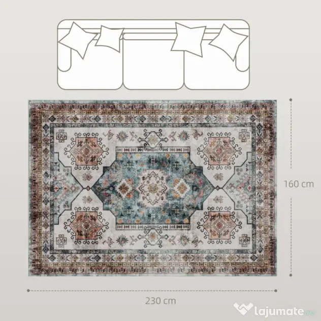 HOMCOM Covor Vintage Antiderapant și Lavabil cu Fir Scurt 230x160cm Multicolor | Aosom Romania