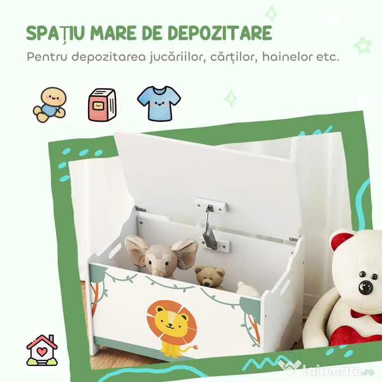 AIYAPLAY Cutie pentru Jucării cu Capac, Balamale de Siguranță și Mânere Adâncite, Organizator pentru Depozitarea Jucăriilor pentru Copii, Camera de Zi, Camera de Joacă, Verde | Aosom Romania