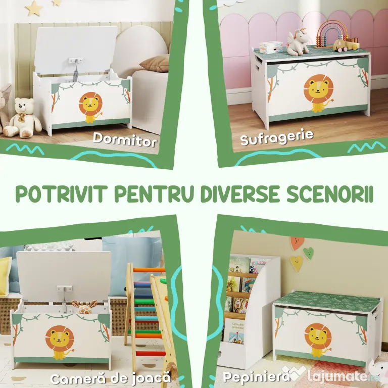 AIYAPLAY Cutie pentru Jucării cu Capac, Balamale de Siguranță și Mânere Adâncite, Organizator pentru Depozitarea Jucăriilor pentru Copii, Camera de Zi, Camera de Joacă, Verde | Aosom Romania
