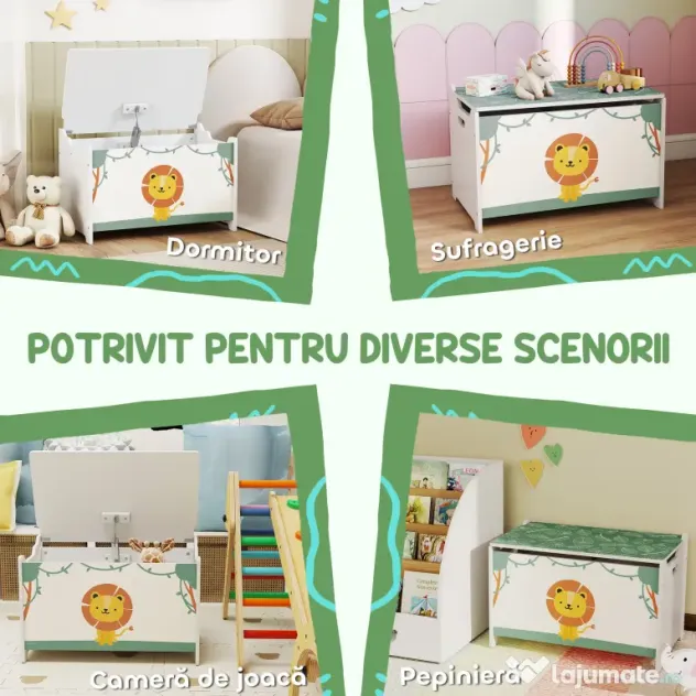 AIYAPLAY Cutie pentru Jucării cu Capac, Balamale de Siguranță și Mânere Adâncite, Organizator pentru Depozitarea Jucăriilor pentru Copii, Camera de Zi, Camera de Joacă, Verde | Aosom Romania