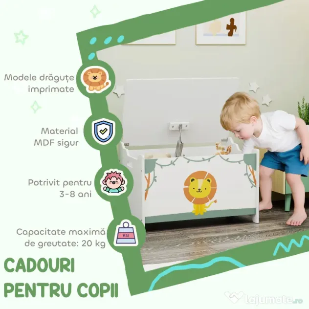 AIYAPLAY Cutie pentru Jucării cu Capac, Balamale de Siguranță și Mânere Adâncite, Organizator pentru Depozitarea Jucăriilor pentru Copii, Camera de Zi, Camera de Joacă, Verde | Aosom Romania