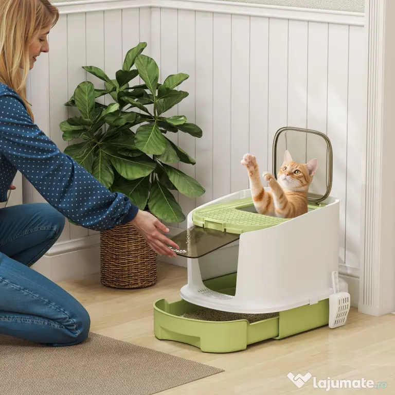 PawHut Litieră pentru Pisici Închisă cu 2 Uși, Tavă și Deodorizant, Verde | Aosom Romania