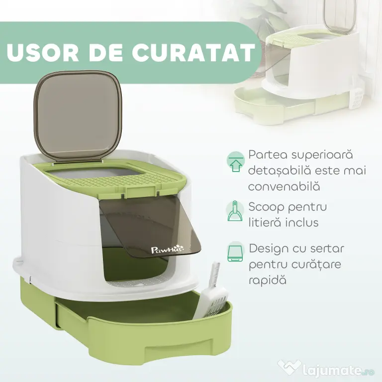 PawHut Litieră pentru Pisici Închisă cu 2 Uși, Tavă și Deodorizant, Verde | Aosom Romania