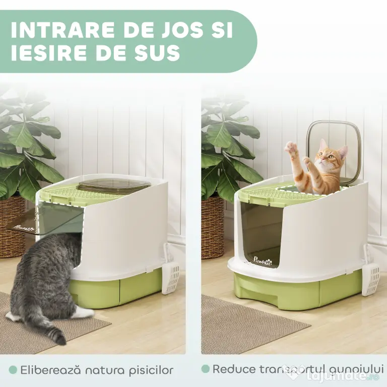 PawHut Litieră pentru Pisici Închisă cu 2 Uși, Tavă și Deodorizant, Verde | Aosom Romania