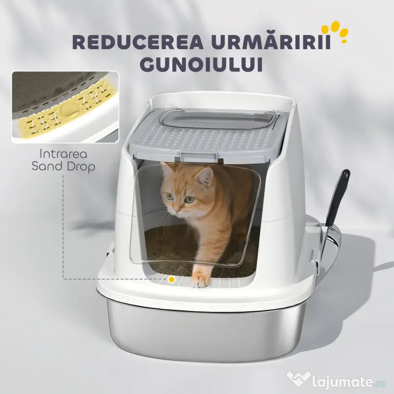 PawHut Litieră pentru pisici cu 2 intrări, deodorant și lopățică, Alb | Aosom Romania