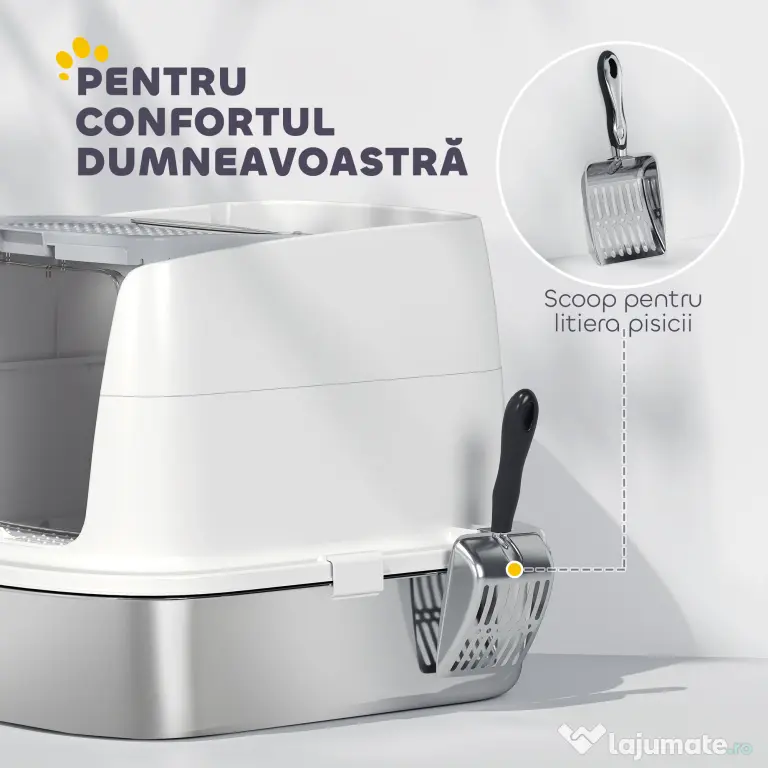PawHut Litieră pentru pisici cu 2 intrări, deodorant și lopățică, Alb | Aosom Romania