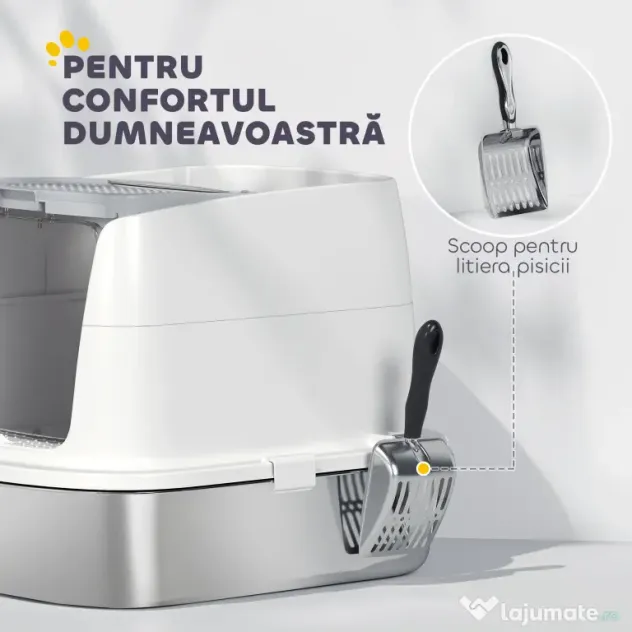 PawHut Litieră pentru pisici cu 2 intrări, deodorant și lopățică, Alb | Aosom Romania