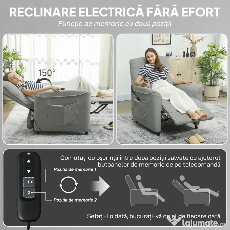 HOMCOM Fotoliu Relaxant Electric cu Masaj și Încălzire, Silențios, Reclinabil 150° în Cinilie cu Pernă, Funcție de Memorare, 2 Telecomenzi, Suport pentru Picioare, Pentru Living sau Birou, Gri Închis | Aosom Romania