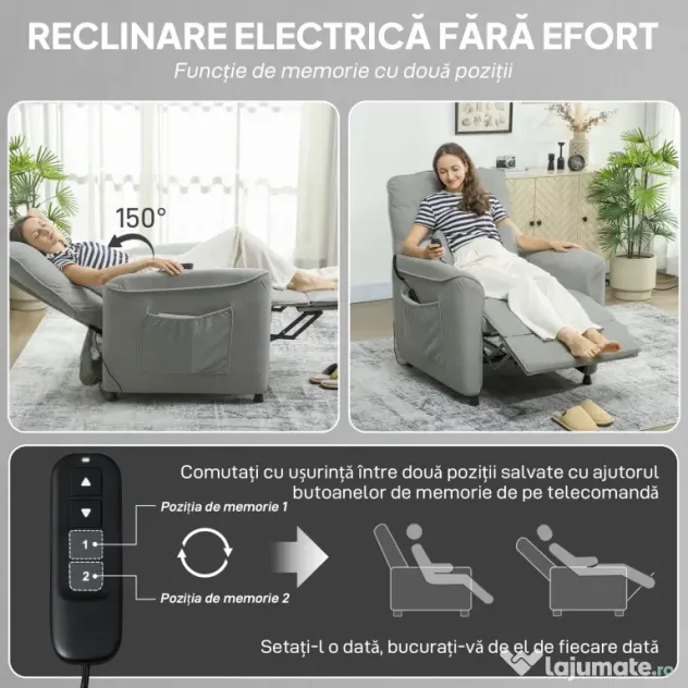 HOMCOM Fotoliu Relaxant Electric cu Masaj și Încălzire, Silențios, Reclinabil 150° în Cinilie cu Pernă, Funcție de Memorare, 2 Telecomenzi, Suport pentru Picioare, Pentru Living sau Birou, Gri Închis | Aosom Romania