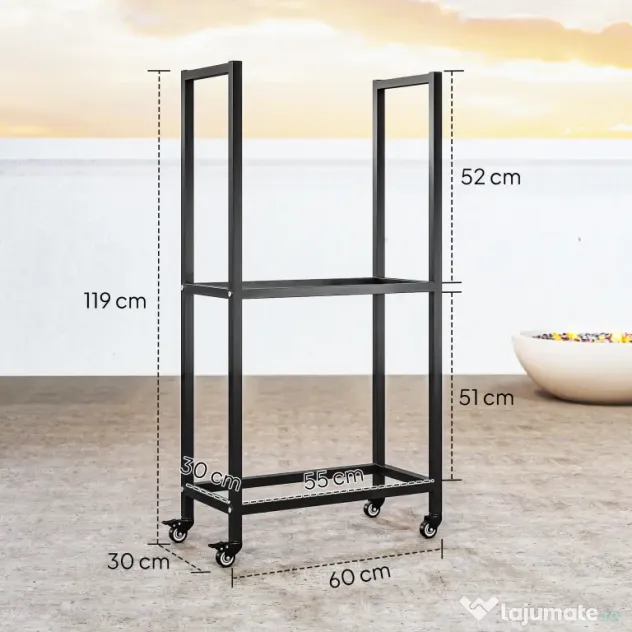 Outsunny Suport pentru Lemne de Foc Exterior și Interior din Oțel pe Două Nivele și cu Roți Negru | Aosom Romania