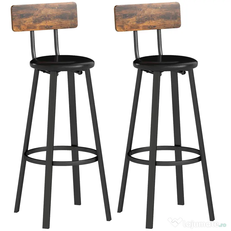 HOMCOM Set de 2 Scaune de Bar Captușite cu Spătar și Suport pentru Picioare - Maro Rustic și Negru | Aosom Romania