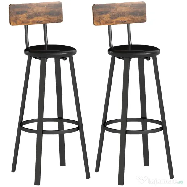 HOMCOM Set de 2 Scaune de Bar Captușite cu Spătar și Suport pentru Picioare - Maro Rustic și Negru | Aosom Romania