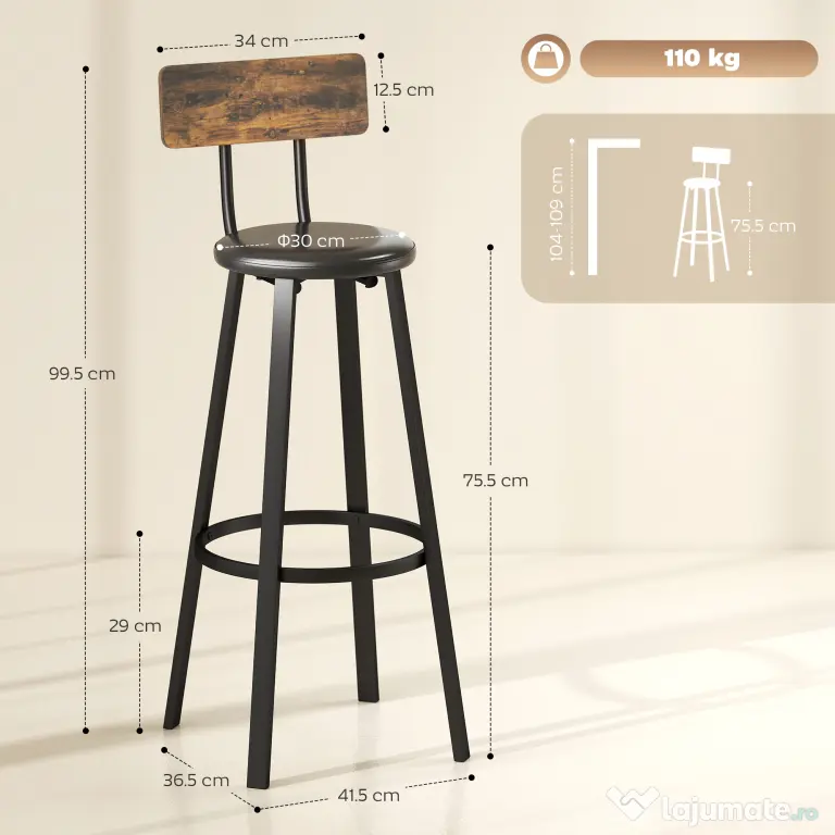 HOMCOM Set de 2 Scaune de Bar Captușite cu Spătar și Suport pentru Picioare - Maro Rustic și Negru | Aosom Romania