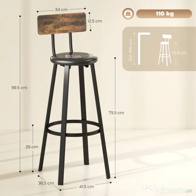 HOMCOM Set de 2 Scaune de Bar Captușite cu Spătar și Suport pentru Picioare - Maro Rustic și Negru | Aosom Romania