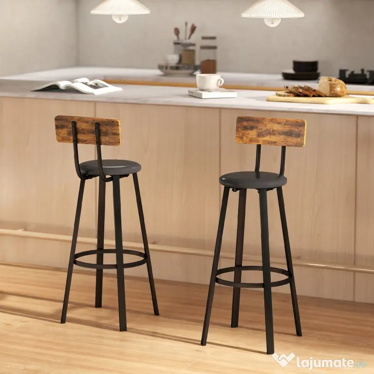 HOMCOM Set de 2 Scaune de Bar Captușite cu Spătar și Suport pentru Picioare - Maro Rustic și Negru | Aosom Romania