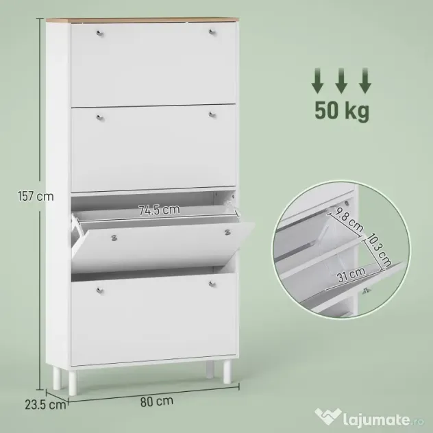 Dulap Îngust HOMCOM pentru Încălțăminte cu 4 Sertare Rabatabile, Dulap Subțire pentru Depozitarea Încălțămintei cu Rafturi Reglabile pentru Hol, Capacitate 24–32 Perechi, Alb | Aosom Romania