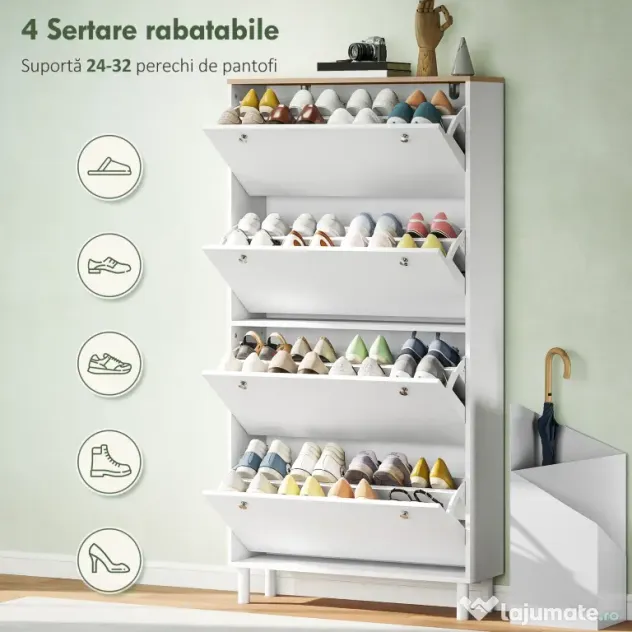 Dulap Îngust HOMCOM pentru Încălțăminte cu 4 Sertare Rabatabile, Dulap Subțire pentru Depozitarea Încălțămintei cu Rafturi Reglabile pentru Hol, Capacitate 24–32 Perechi, Alb | Aosom Romania