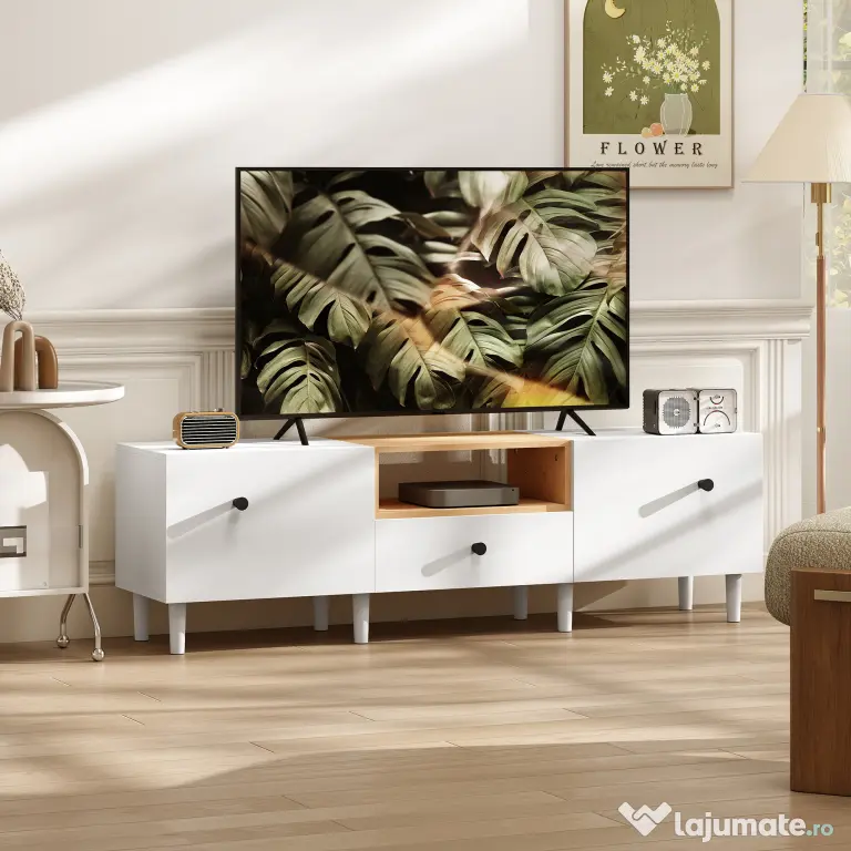 HOMCOM Mobilier TV, Suport TV până la 70" cu 2 Uși Rabatabile, Balamale Soft Close, Sertar, Raft Deschis, 8 Picioare pentru Sufragerie, Dormitor, 150x35x45 cm, Alb și Culoare Lemn | Aosom Romania