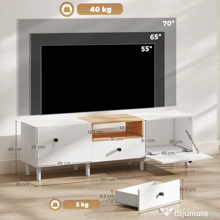 HOMCOM Mobilier TV, Suport TV până la 70" cu 2 Uși Rabatabile, Balamale Soft Close, Sertar, Raft Deschis, 8 Picioare pentru Sufragerie, Dormitor, 150x35x45 cm, Alb și Culoare Lemn | Aosom Romania