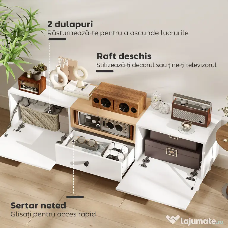 HOMCOM Mobilier TV, Suport TV până la 70" cu 2 Uși Rabatabile, Balamale Soft Close, Sertar, Raft Deschis, 8 Picioare pentru Sufragerie, Dormitor, 150x35x45 cm, Alb și Culoare Lemn | Aosom Romania