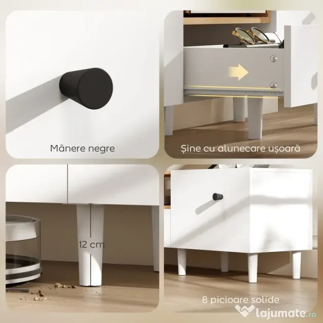 HOMCOM Mobilier TV, Suport TV până la 70" cu 2 Uși Rabatabile, Balamale Soft Close, Sertar, Raft Deschis, 8 Picioare pentru Sufragerie, Dormitor, 150x35x45 cm, Alb și Culoare Lemn | Aosom Romania