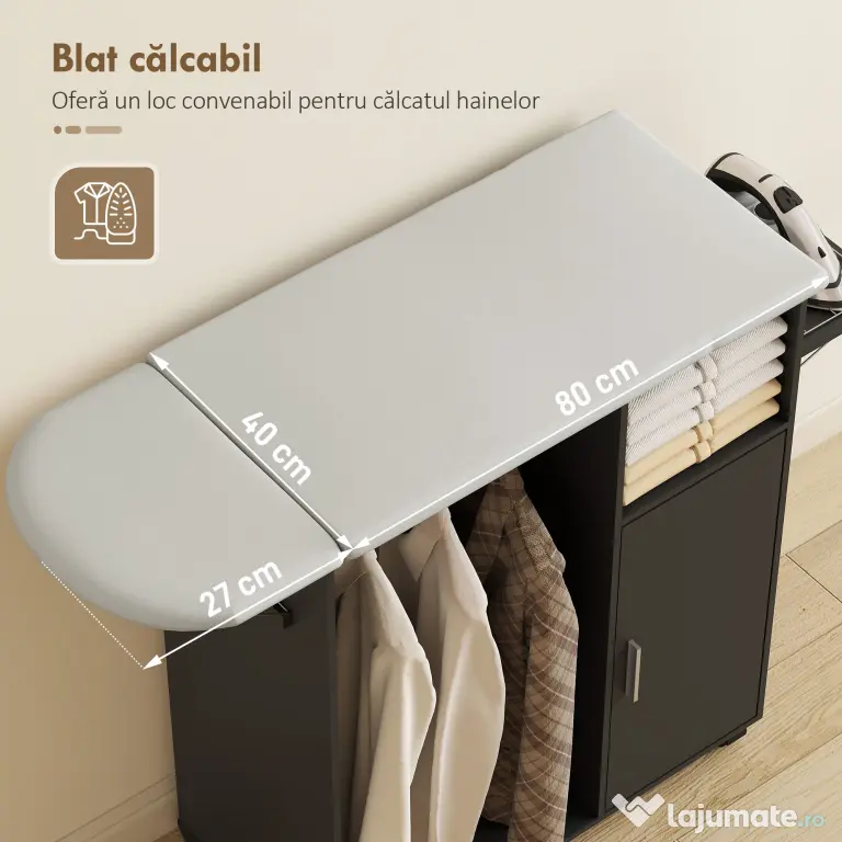 HOMCOM Dulap Masa Calcat – 3 Rafturi, Blat Burete & Ghidaj Rufe