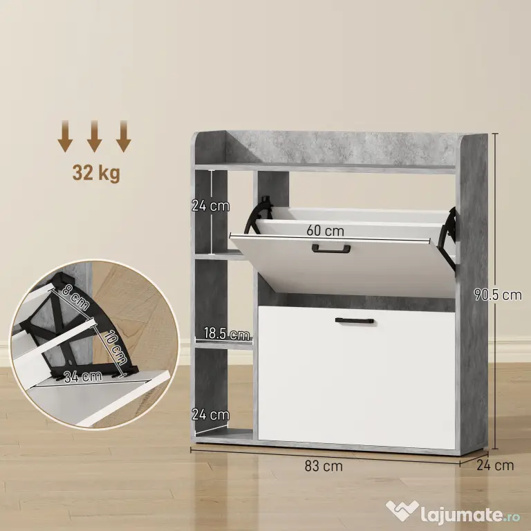 HOMCOM Dulap pentru pantofi slim cu 2 sertare rabatabile, Capacitate 15 perechi de pantofi, 83x24x90.5 cm, Gri | Aosom Romania