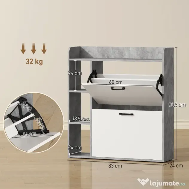 HOMCOM Dulap pentru pantofi slim cu 2 sertare rabatabile, Capacitate 15 perechi de pantofi, 83x24x90.5 cm, Gri | Aosom Romania
