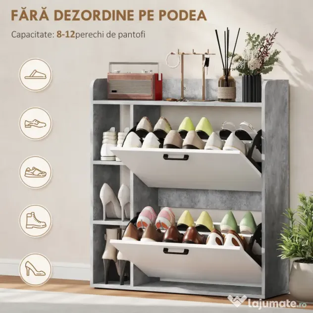HOMCOM Dulap pentru pantofi slim cu 2 sertare rabatabile, Capacitate 15 perechi de pantofi, 83x24x90.5 cm, Gri | Aosom Romania